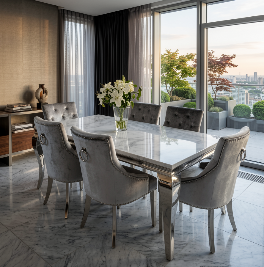 Lewis Grey Marble Top Dining Set With Cheshire Knocker Velvet Chairs