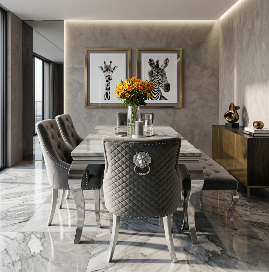 Lewis Marble Dining Table With Venice Lion Knocker Chairs & Bench Option