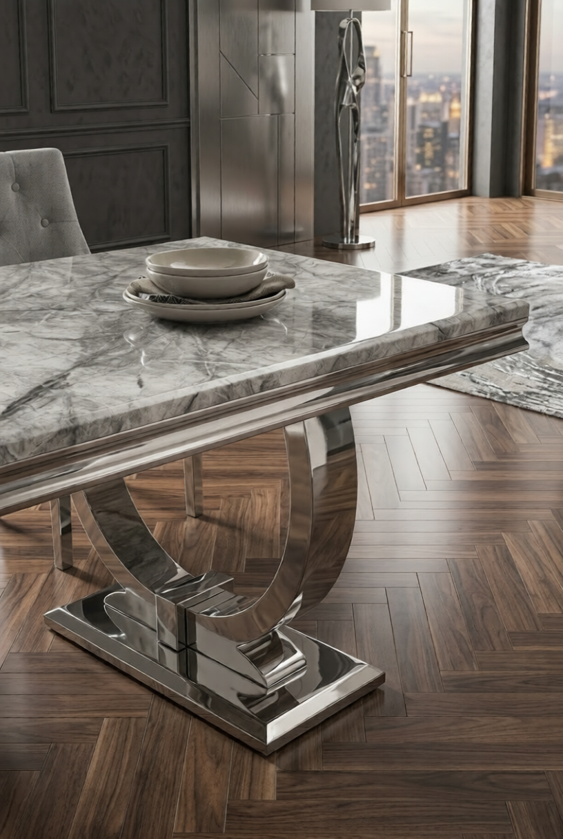 Lewis Marble Dining Table With Lewis Lion Knocker Velvet Chairs