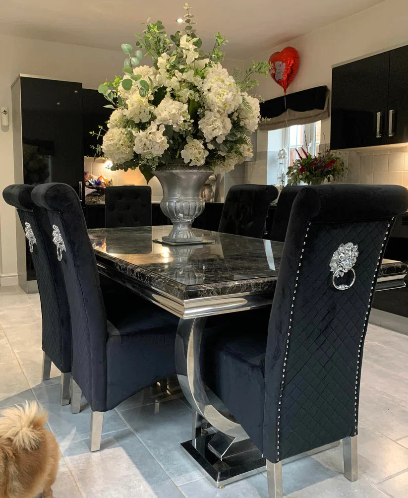 Arianna Marble & Chrome Dining Table With Lucy Slim Quilted Lion Knocker Velvet Chairs