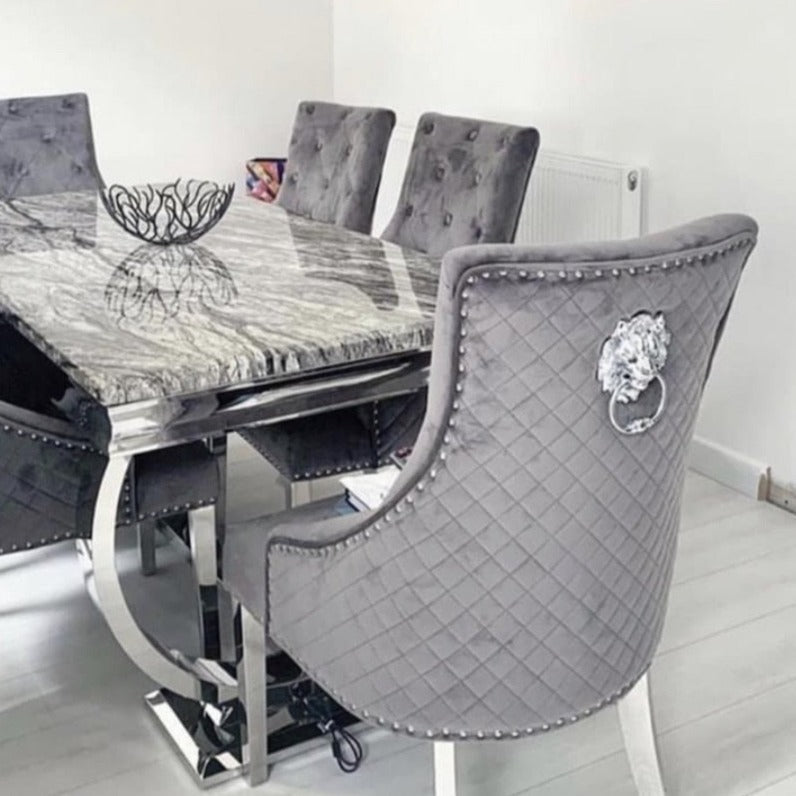 Ariana Marble 1.8M Dining Table With Grey Bentley Velvet Knocker Chairs
