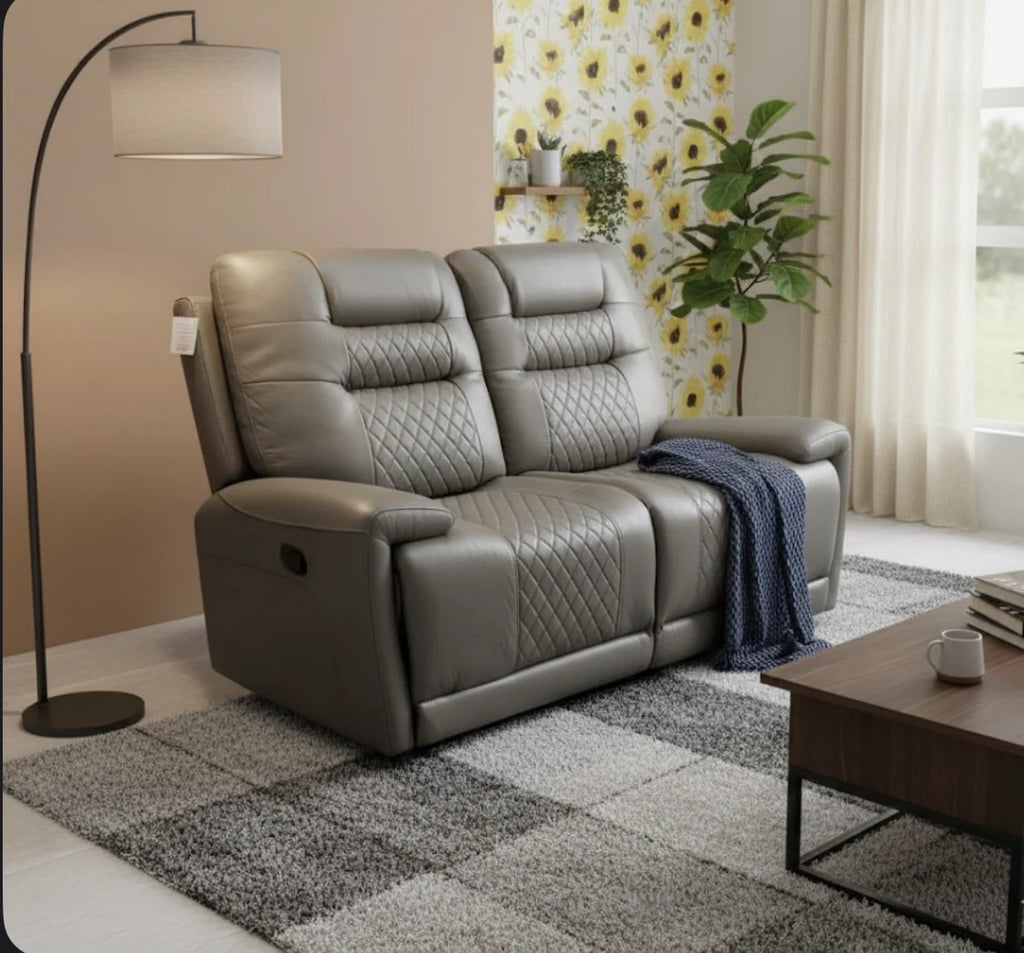 Halifax 2 Seater Grey Leather Electric Recliner Sofa with , LED Lights & USB Port