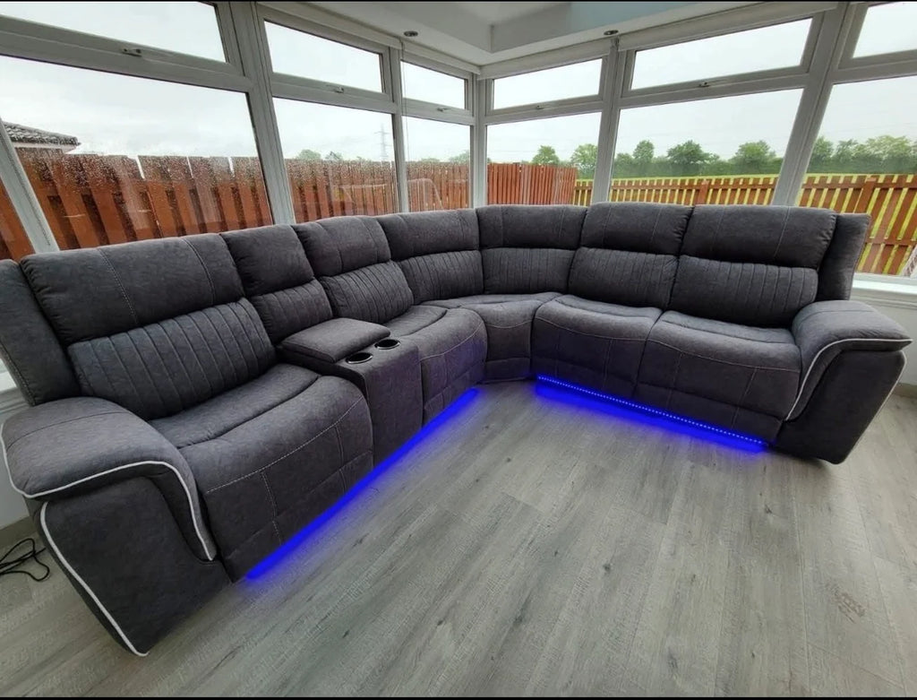 Hannah Electric Recliner Corner Sofa Grey Microfibre Fabric with USB Port, LED Lights & Cup Holders