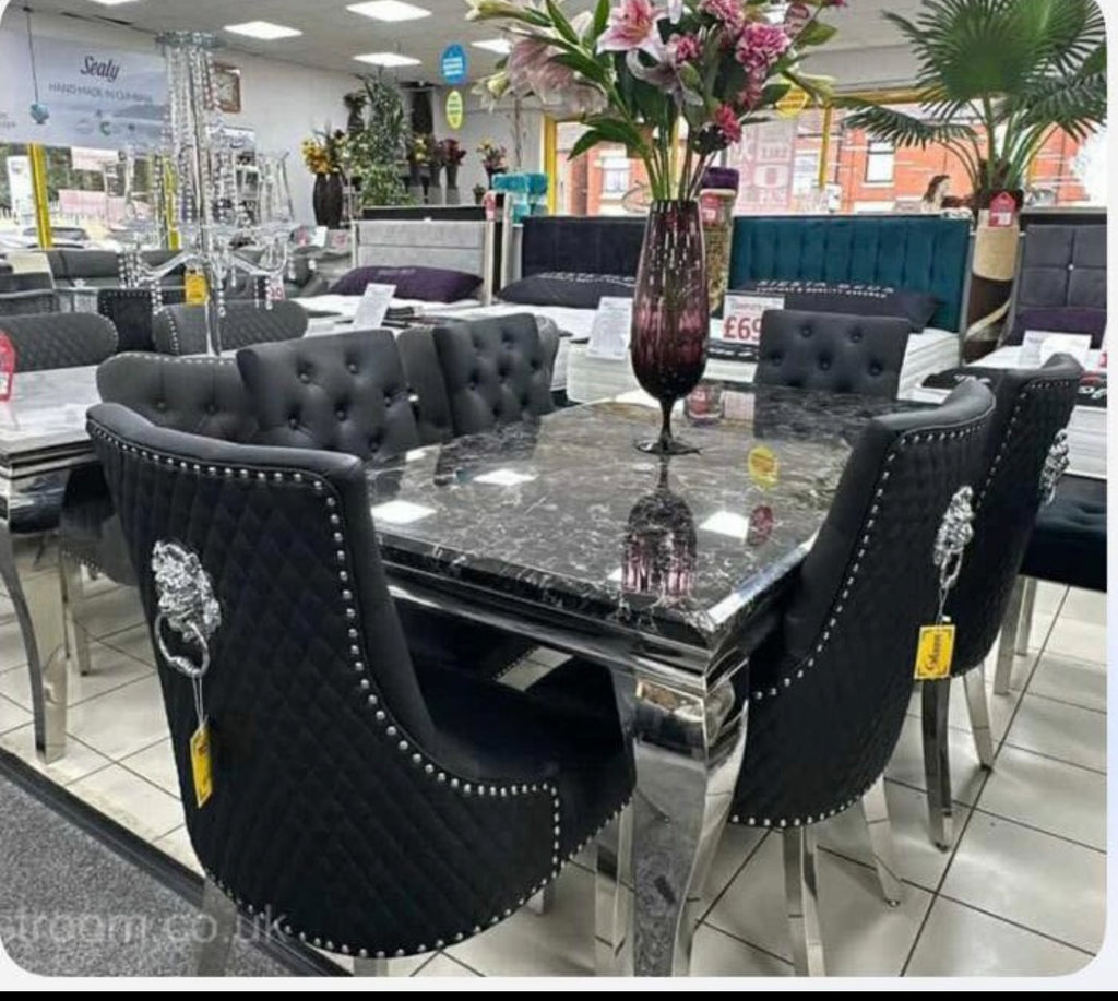 Louis Marble Dining Table With Chelsea Lion Knocker Velvet Chairs