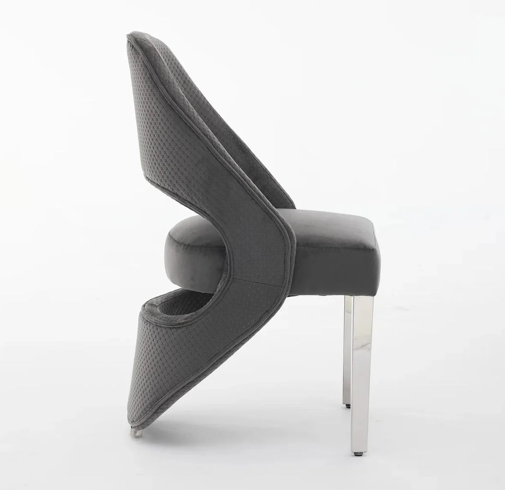 Pair of 2 Santorini Dining Chairs Grey Plush Velvet Chrome Leg