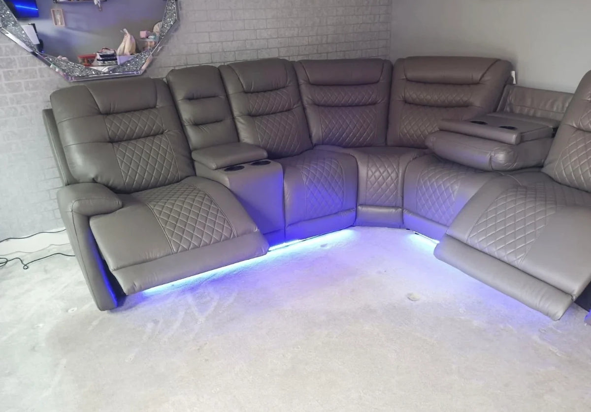 Modern Electric Recliner Sofa in Dark Grey – USB Ports, LED Lights & Cup Holders