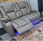 Florida 2 Seater Grey Leather Electric Recliner Sofa with Cup Holders, LED Lights & Wireless Charger, USB Port