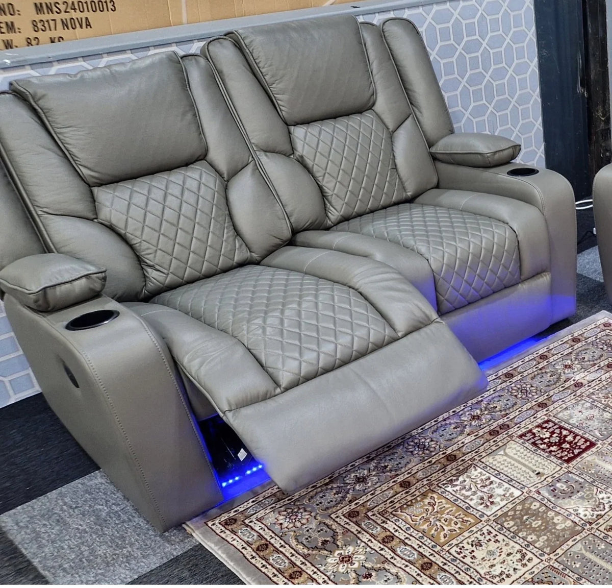 Florida 2 Seater Grey Leather Electric Recliner Sofa with Cup Holders, LED Lights & Wireless Charger, USB Port