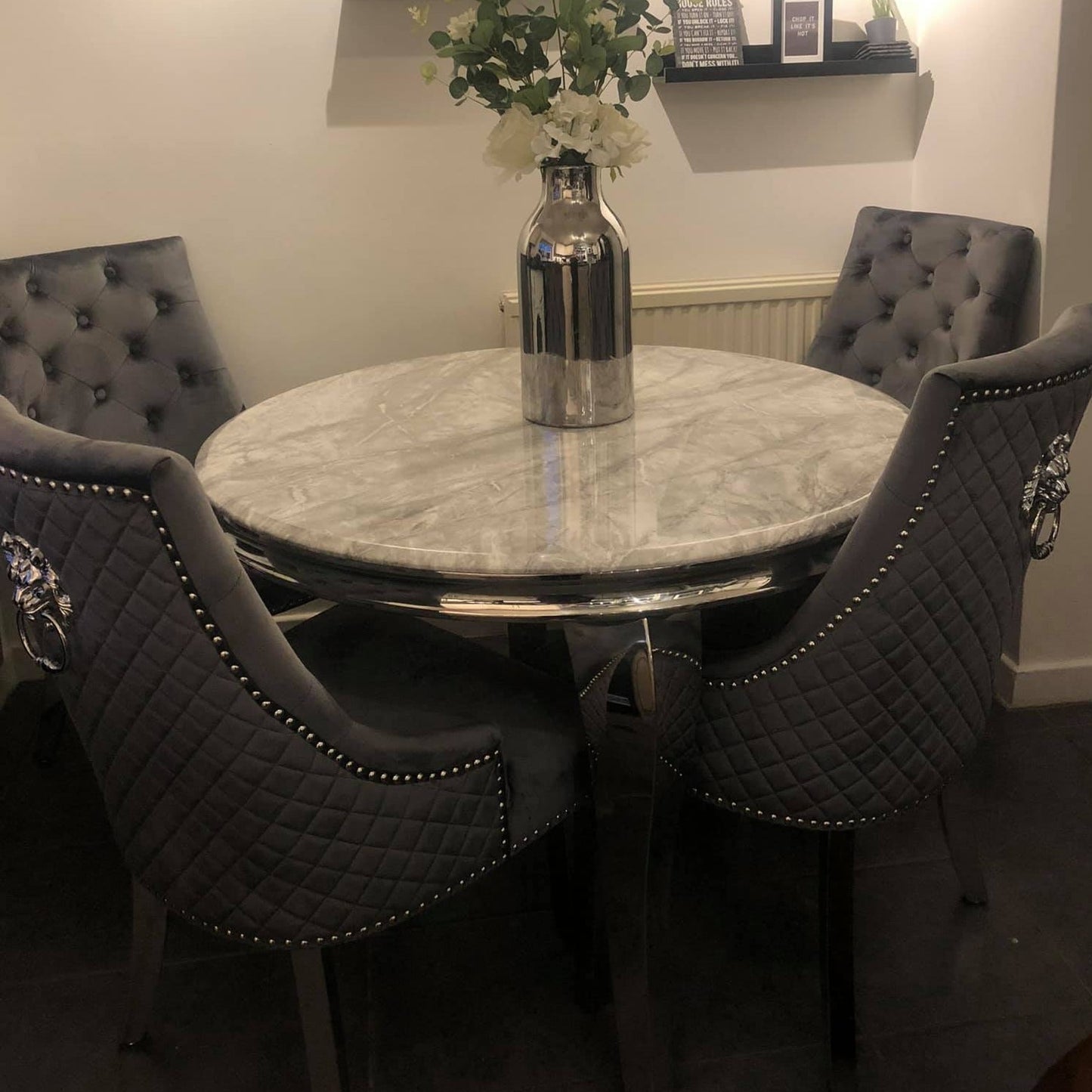 110cm Louis White And Grey Marble Table With 4 Cheshire Knocker Dining Chairs