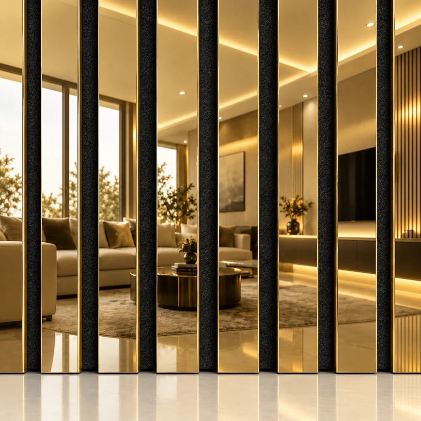 Gold Mirror Effect Acoustic slatted wooden felt back wall Panels 2400mm x 600mm