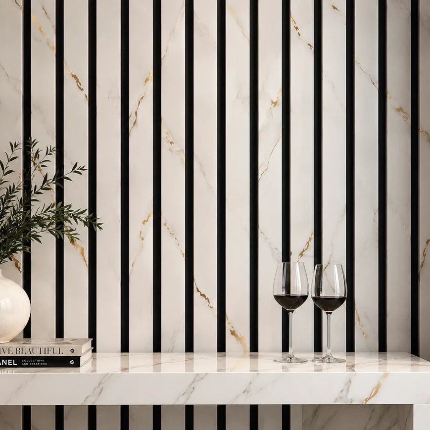Acoustic White & Gold marble Premium wooden wall Panel 2400mm x 600mm
