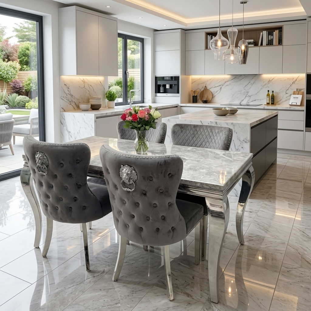 Louis Marble Dining Table With Lewis Lion Knocker Chairs