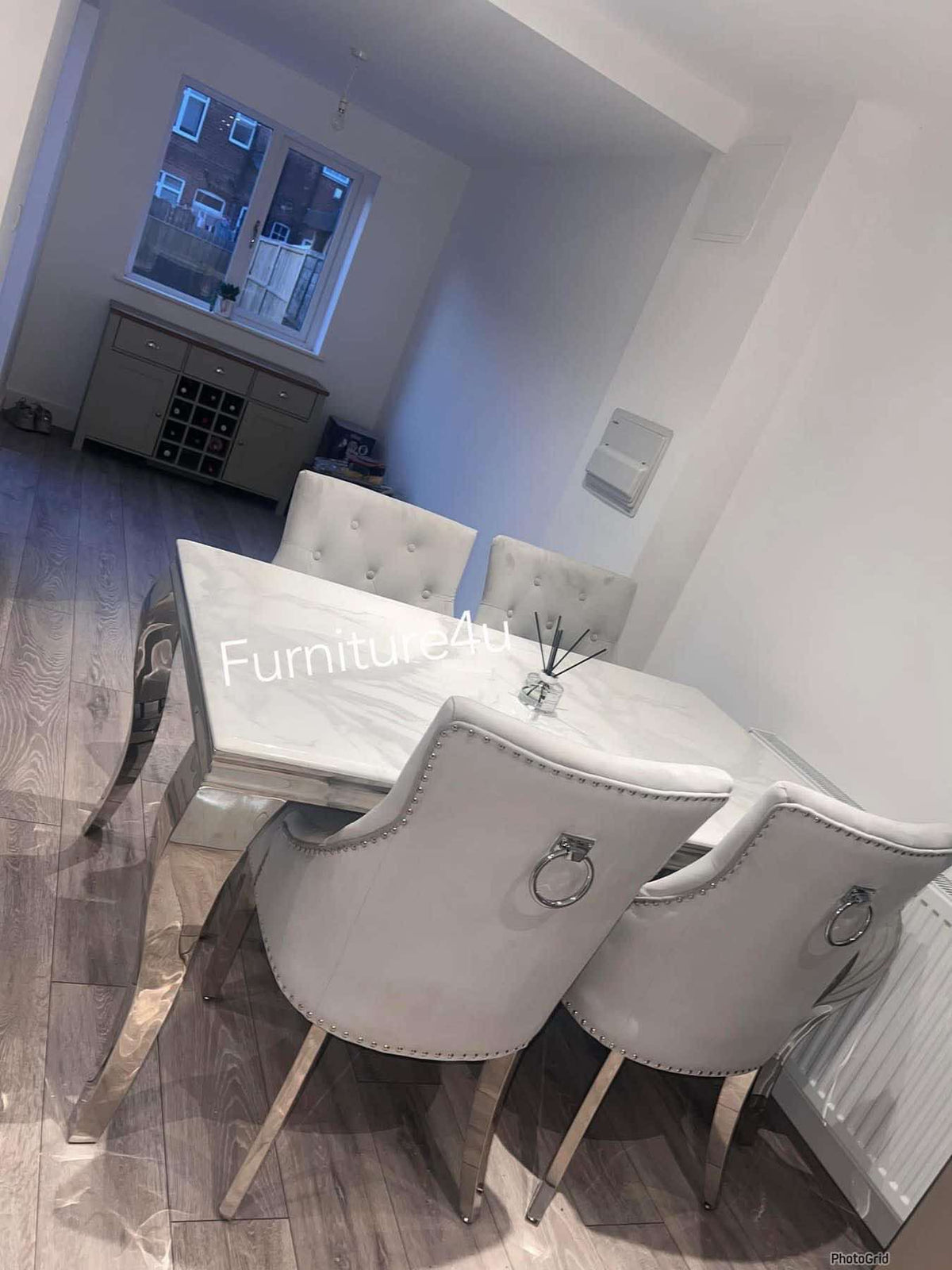 Louis Marble Dining Table With Jessica Ring Knocker Chairs