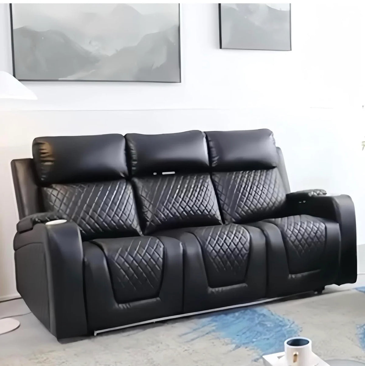Florida 3 Seater Black Leather Electric Recliner Sofa with Cup Holders, LED Lights & Wireless Charger, USB Port