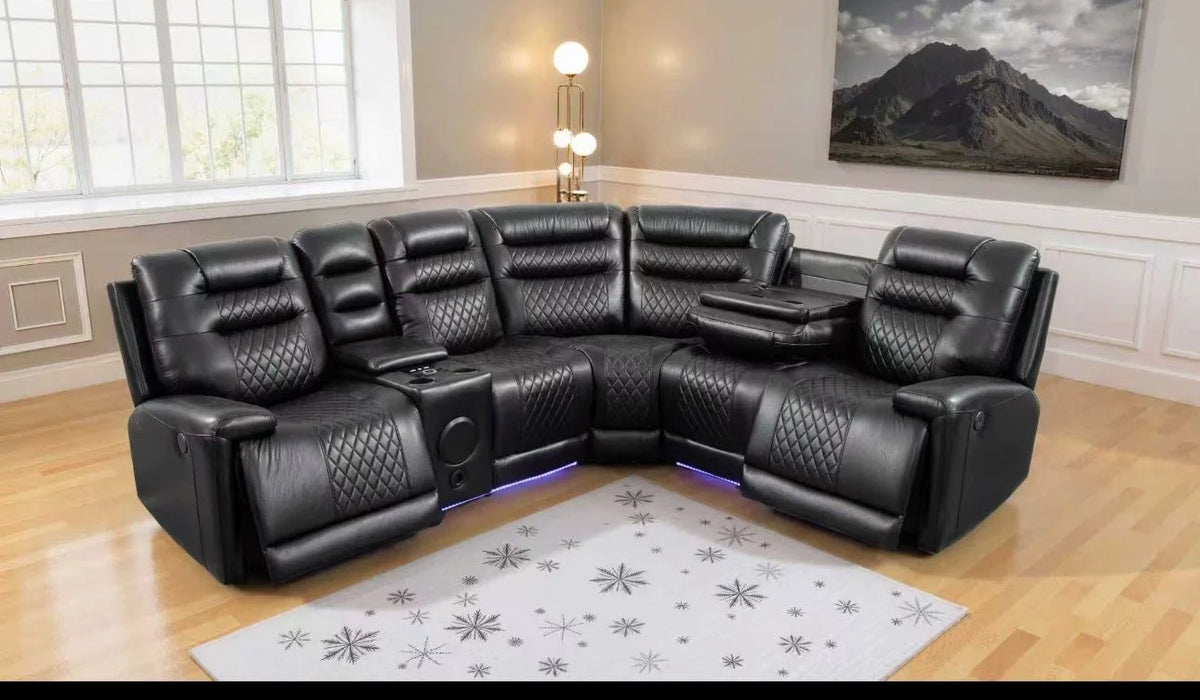Halifax Black Electric Corner Recliner Sofa with Bluetooth Speakers, Wireless Charger, USB & LED Lights – Luxury Leather Corner Sofa