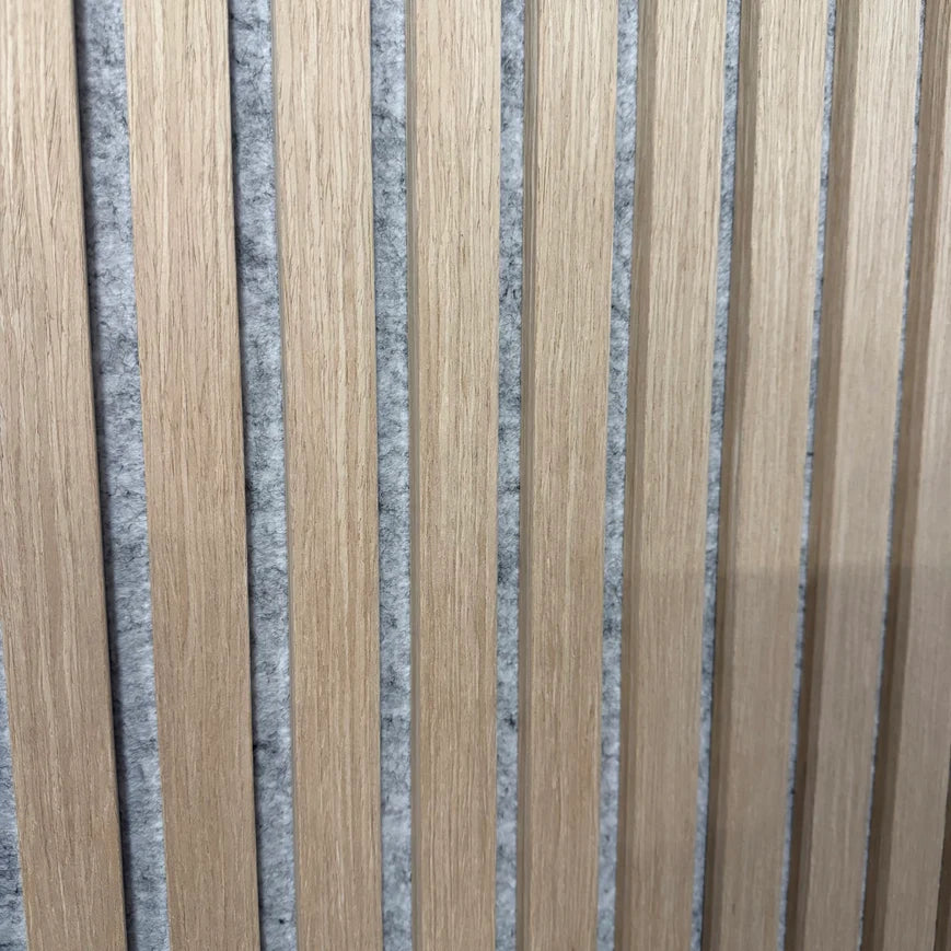 Oak on Grey felt Acoustic Premier 3 Sided wooden wall Panel 2400mm x 640mm x 21mm