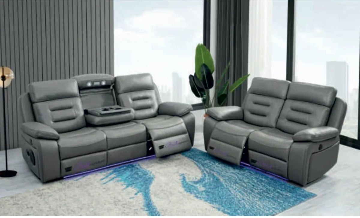 Hifsa 2 Seater Grey Leather Electric Recliner Sofa LED Lights & , USB Port
