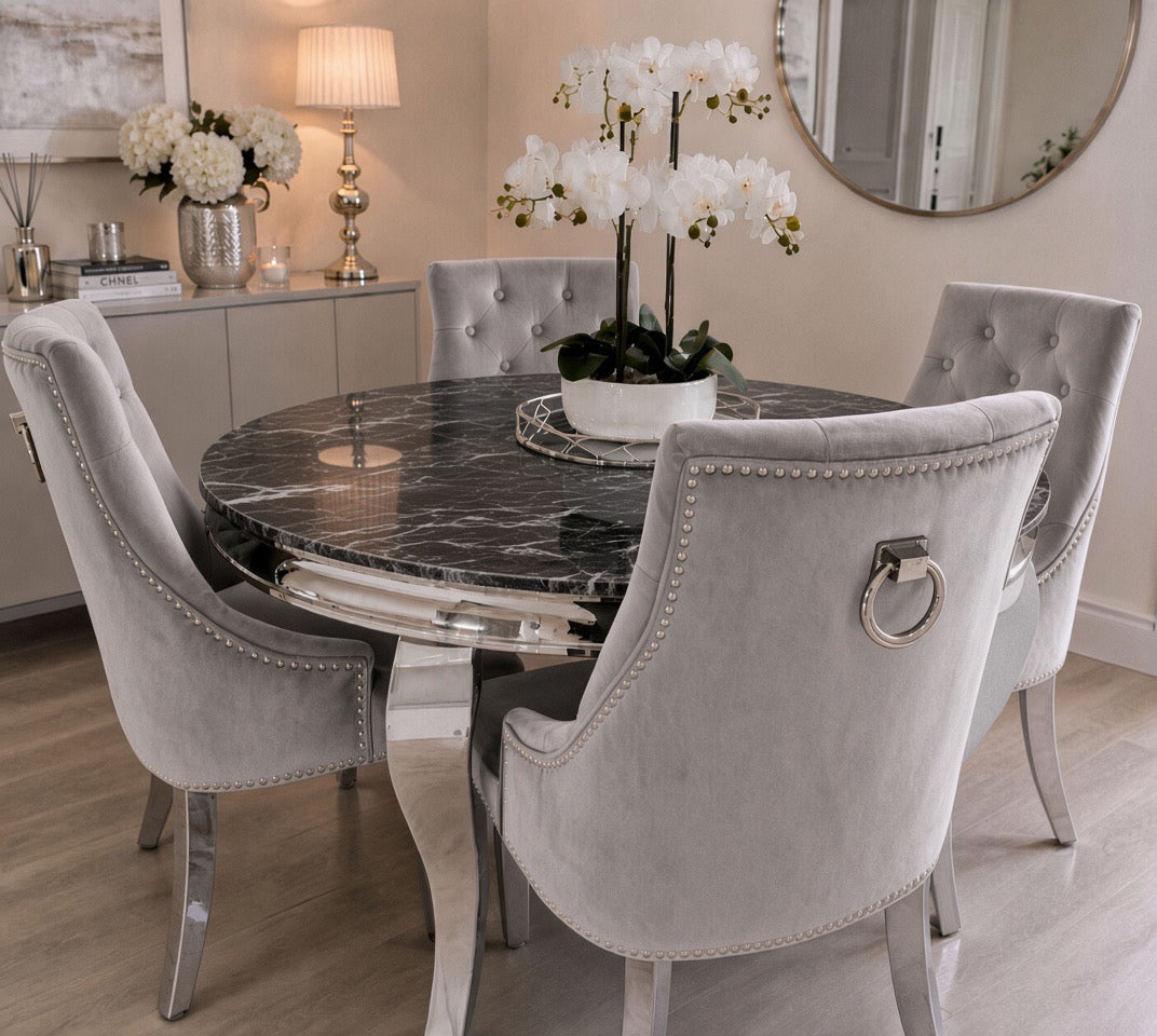 Louis 1.3 round marble table with Jessica ring knocker chairs in grey