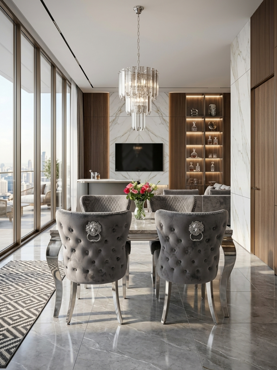 Louis Marble Dining Table With Lewis Lion Knocker Chairs