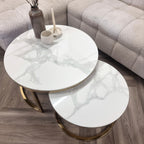 Kaito Nest of 2 Short Round Coffee Gold Tables with Polar White Sintered Stone Tops