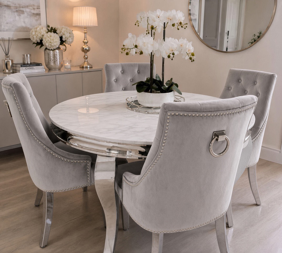 Louis 1.3 round marble table with Jessica ring knocker chairs in grey