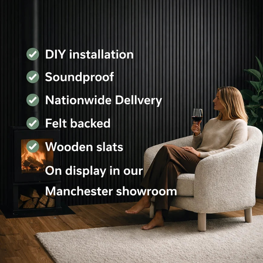 Dark Grey Acoustic Premium slatted wooden felt back wall Panels 2400mm x 600mm - x1 Panel