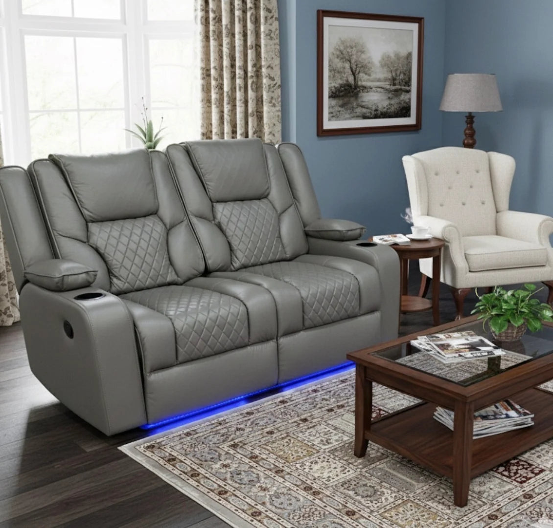 Florida 2 Seater Grey Leather Electric Recliner Sofa with Cup Holders, LED Lights & Wireless Charger, USB Port