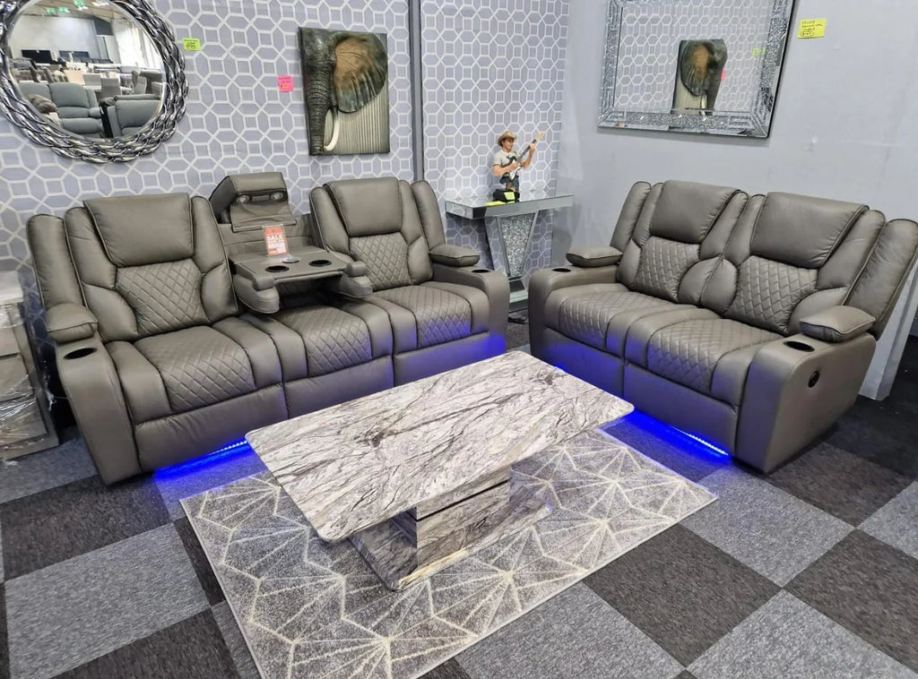 Electric Leather Recliner Grey Roma - 3 Seater Recliner Sofa - 2 Seater Recliner Sofa