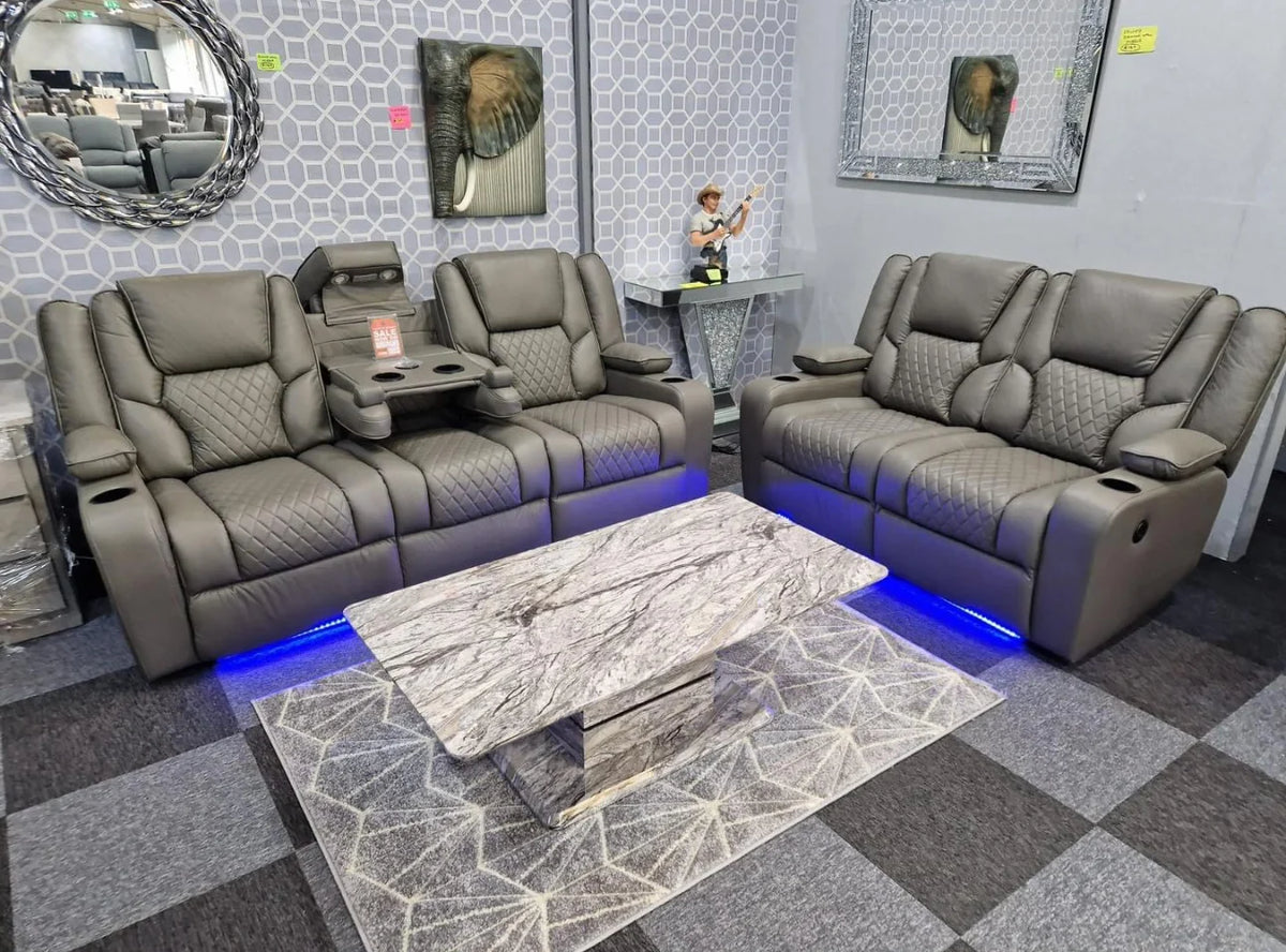 Electric Leather Recliner Grey Roma - 3 Seater Recliner Sofa - 2 Seater Recliner Sofa