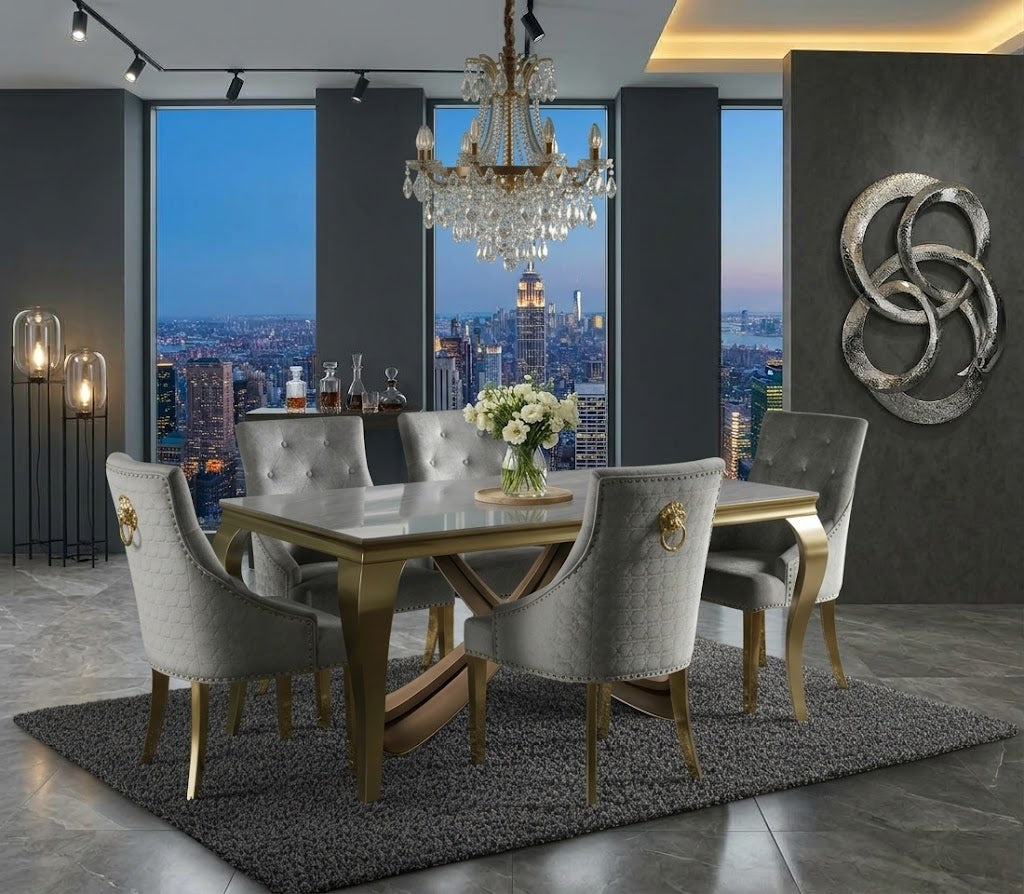 Louis Gold Grey marble Dining Table 1.8M + 4/6 Roma Silver Grey/gold Dining Chair