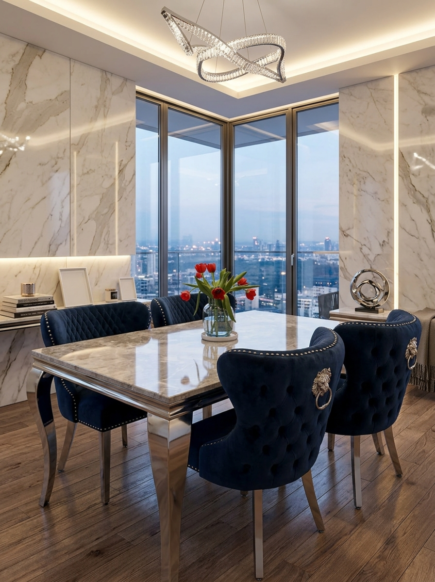 Louis Marble Dining Table With Lewis Lion Knocker Chairs