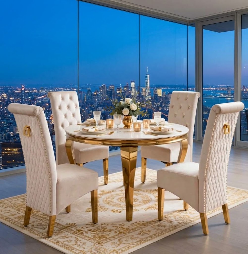 Louis Round White & Gold Marble & Gold Dining Set with Cream Lucy Ring Knocker Chairs – 130cm Round, 4 Seater
