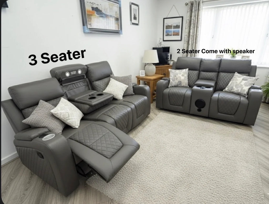 Florida 3 Seater Grey Leather Electric Recliner Sofa with Cup Holders, LED Lights & Wireless Charger, USB Port