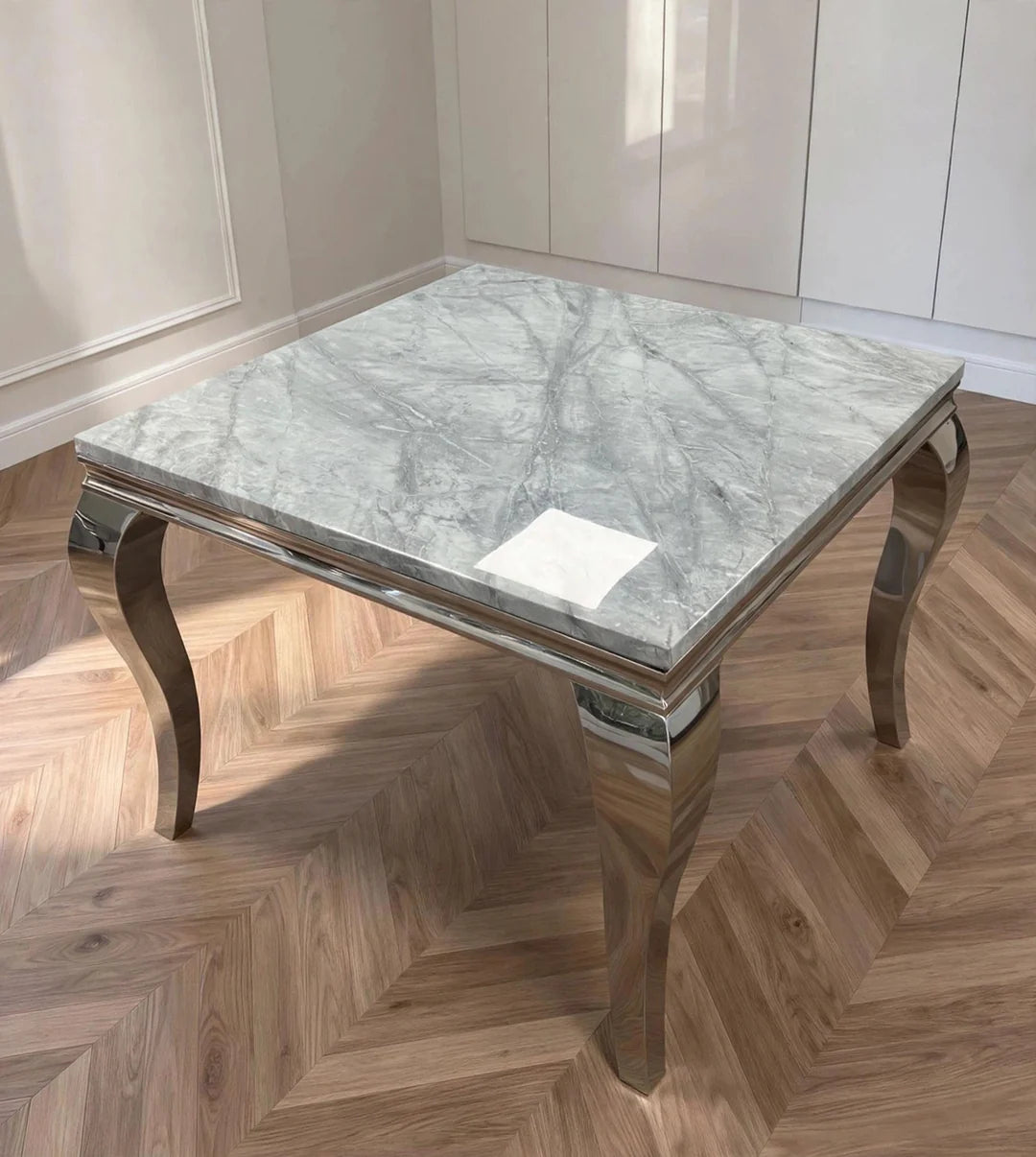 Louis Marble Top Dining Set With Lucy Lion Knocker Velvet Chairs