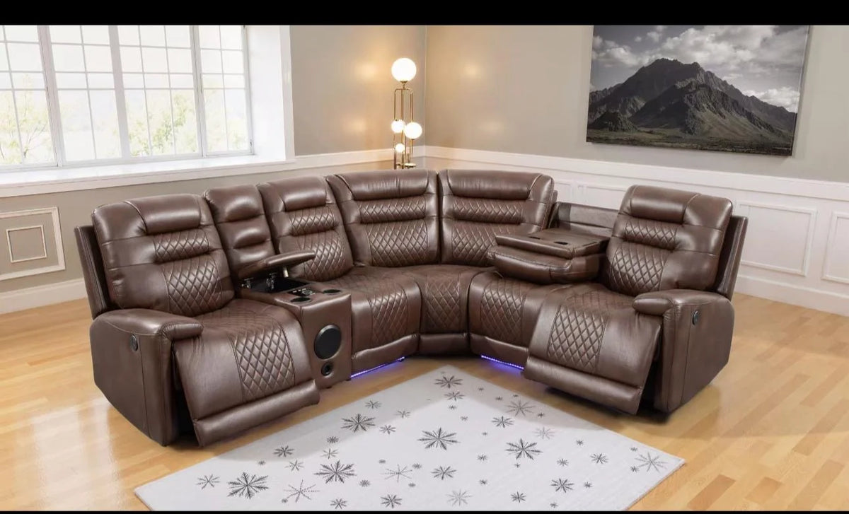 Halifax Electric Corner Recliner Sofa with Bluetooth Speakers, Wireless Charger, USB & LED Lights – Luxury Leather Corner Sofa