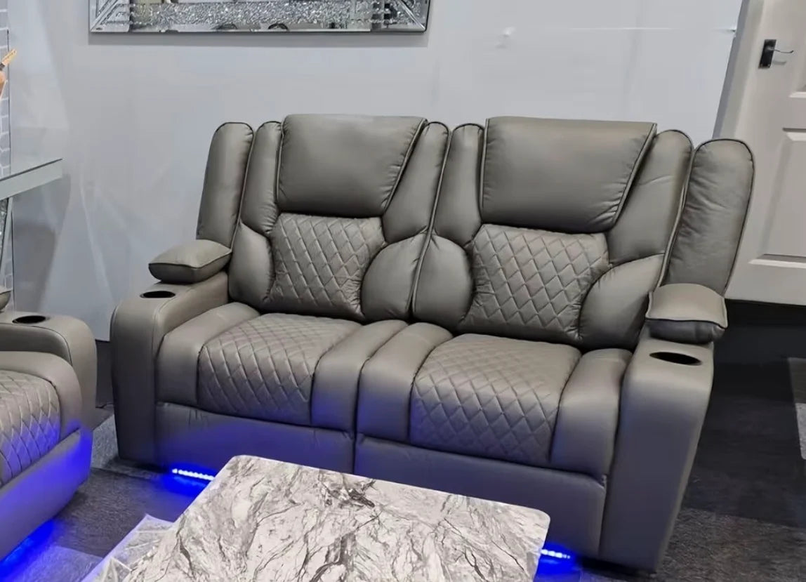 Florida 2 Seater Grey Leather Electric Recliner Sofa with Cup Holders, LED Lights & Wireless Charger, USB Port