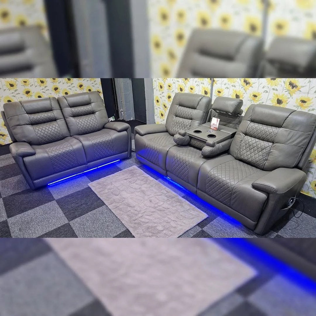 Halifax 3+2  Seater Grey Leather Electric Recliner Sofa with Cup Holders, LED Lights & Wireless Charger, USB Port