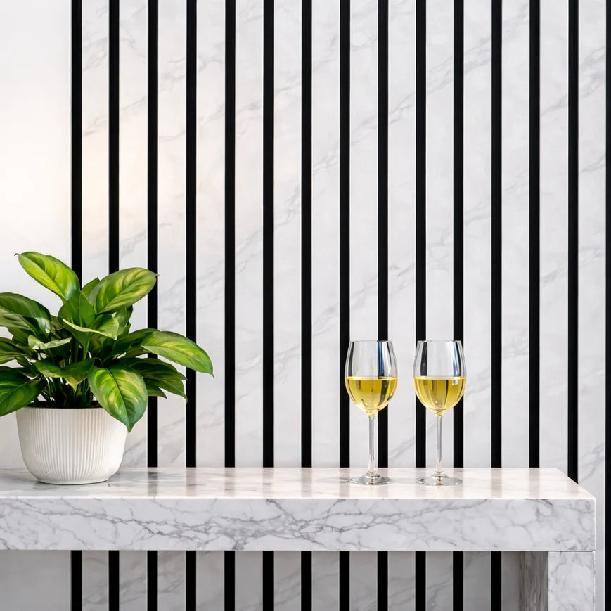Acoustic White & Grey marble Premium wooden wall Panel 2400mm x 600mm