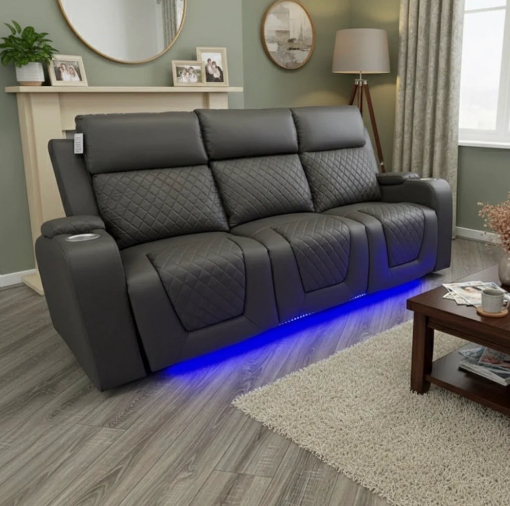 Florida 3 Seater Grey Leather Electric Recliner Sofa with Cup Holders, LED Lights & Wireless Charger, USB Port