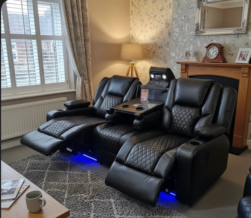 Roma 3 Seater Black Leather Electric Recliner Sofa with Cup Holders, LED Lights & Wireless Charger, USB Port