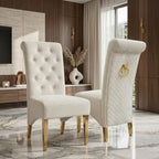 London White & Gold Marble Dining Table with Cream And Gold Lucy Velvet Dining Chairs