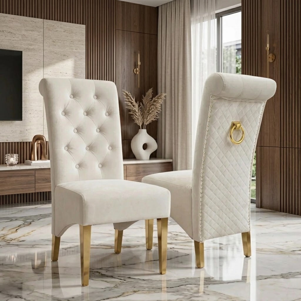 London White & Gold Marble Dining Table with Cream And Gold Lucy Velvet Dining Chairs