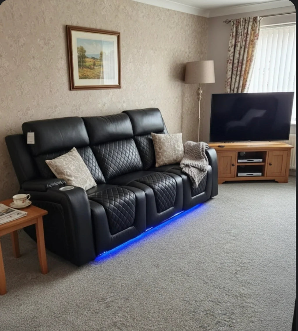 Florida 3 Seater Black Leather Electric Recliner Sofa with Cup Holders, LED Lights & Wireless Charger, USB Port