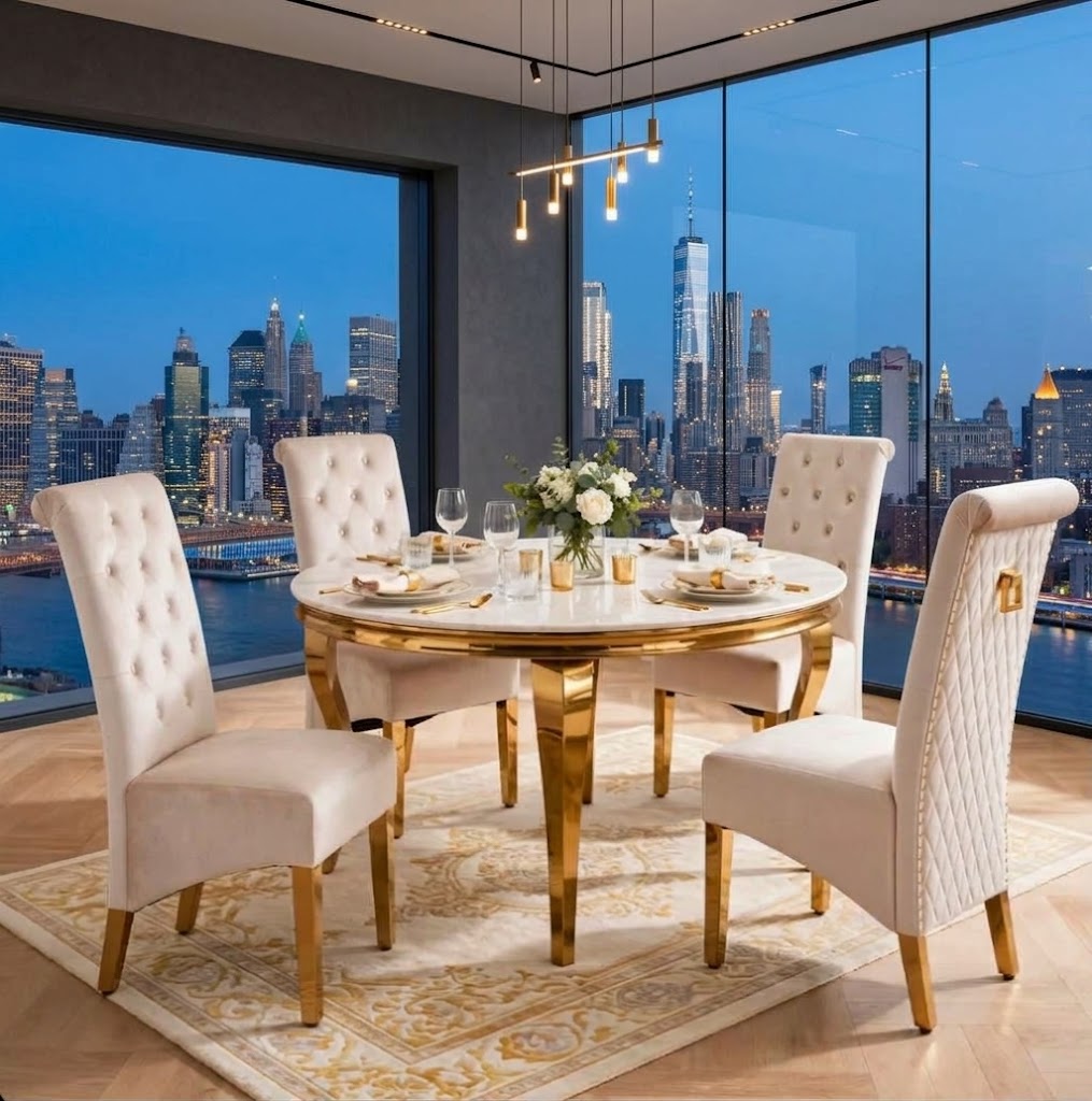Louis Round White & Gold Marble & Gold Dining Set with Cream Lucy Ring Knocker Chairs – 130cm Round, 4 Seater