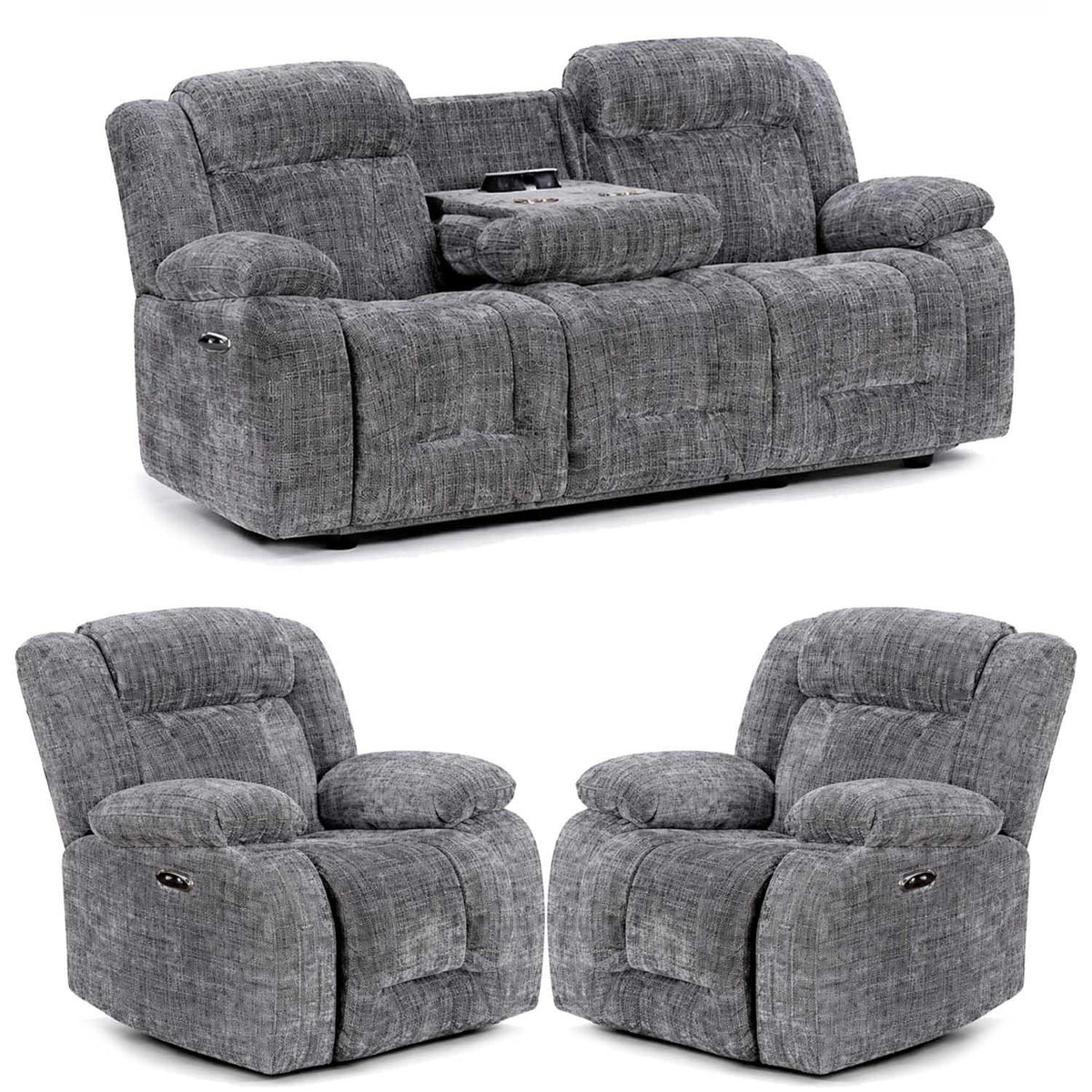Unico Range Electric Power Grey Fabric Recliners 3, 2 Seater Armchair