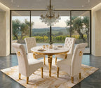 Louis Round White & Gold Marble & Gold Dining Set with Cream Lucy Ring Knocker Chairs – 130cm Round, 4 Seater