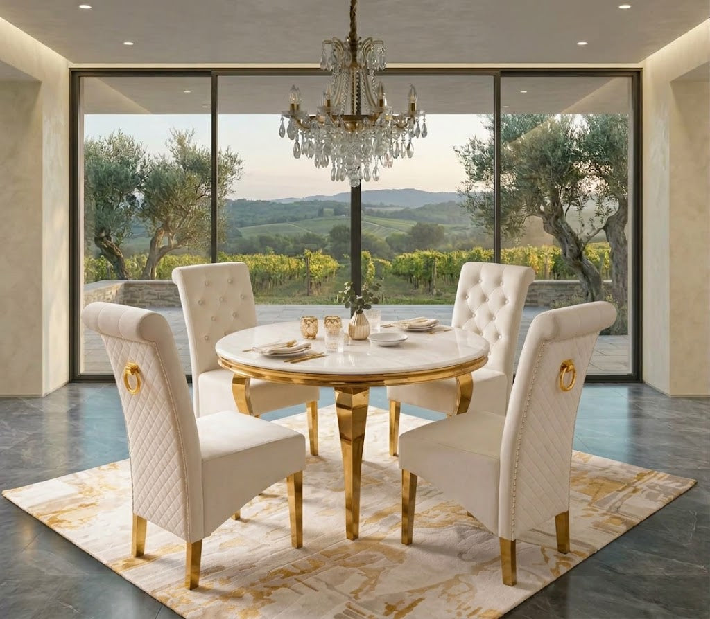 Louis Round White & Gold Marble & Gold Dining Set with Cream Lucy Ring Knocker Chairs – 130cm Round, 4 Seater