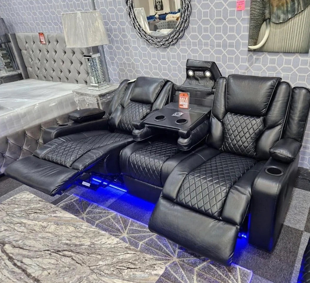Roma 3 Seater Black Leather Electric Recliner Sofa with Cup Holders, LED Lights & Wireless Charger, USB Port