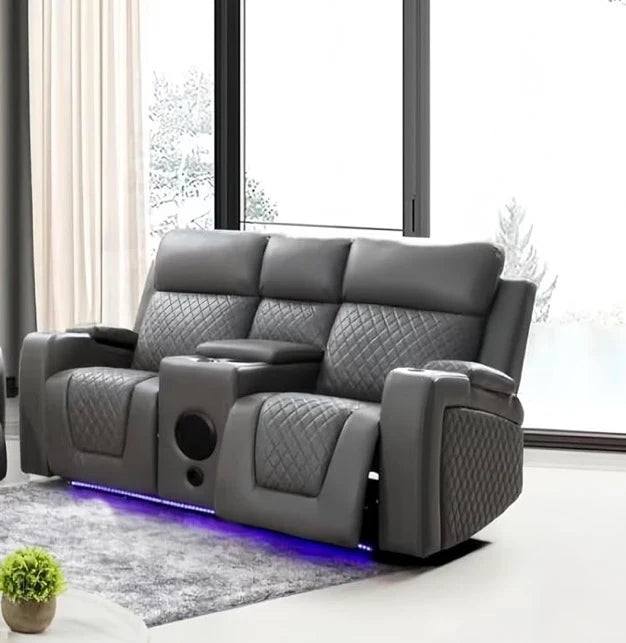 Florida 2 Seater Grey Leather Electric Recliner Sofa with Cup Holders, LED Lights & Wireless Charger, Speaker , USB Port