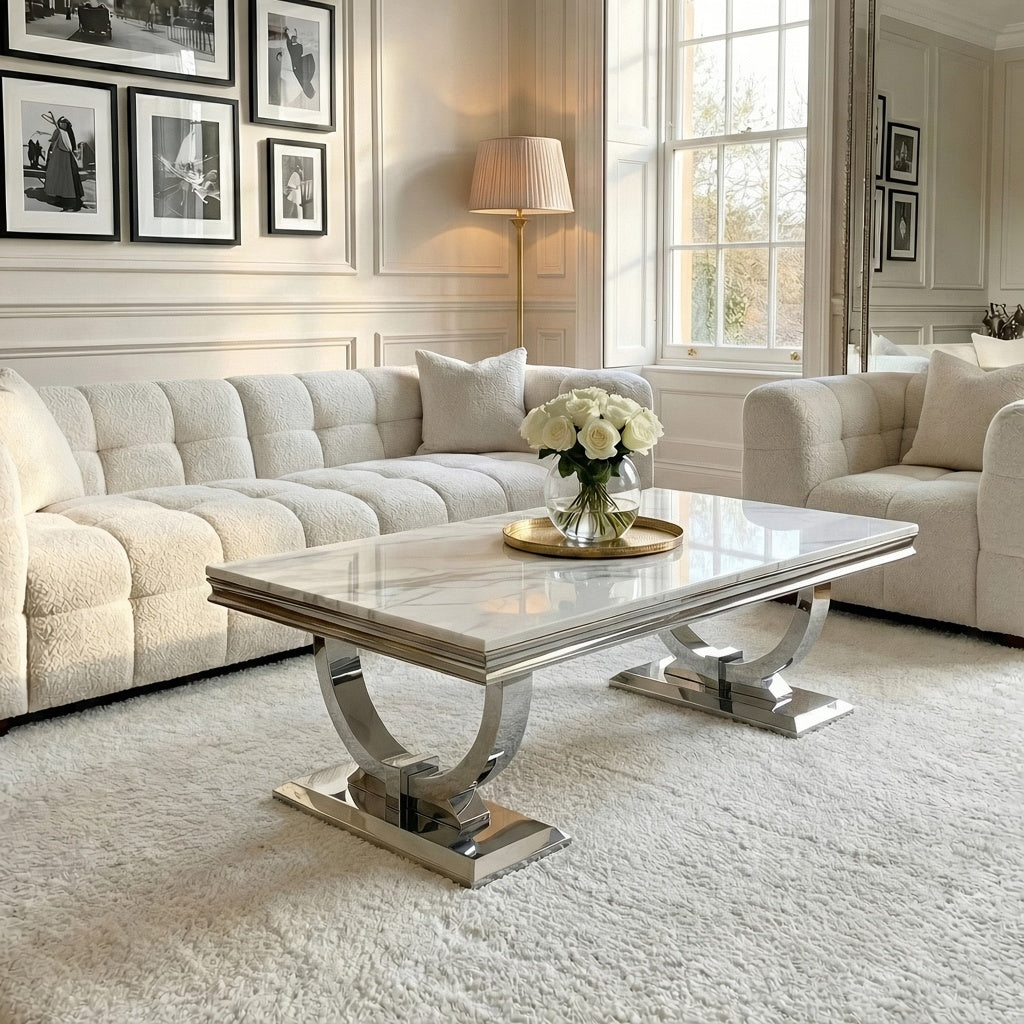 Orvar 130cm Chrome Coffee Table with White Marble Top